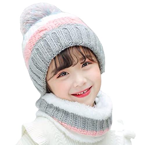 Sonwaha Winter Mütze Kindermützen 2 PCS,Mütze Schal Set Beanie Kinder Wintermütze Mädchen Kinder,Strickmütze Mädchen Grau Rosa Mützen Kinder Winter Mit Schal von Sonwaha