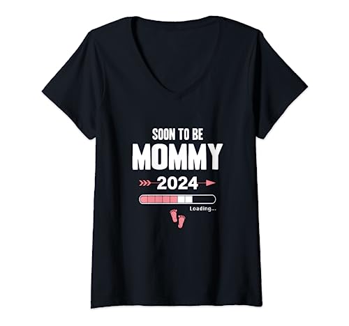 Damen Soon To Be Mommy Loading 2024 Werdende Mutter Baby Geburt T-Shirt mit V-Ausschnitt von Soon To Be Dad Mom Papa Mama Designs