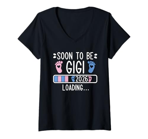 Damen Soon to Be Gigi 2026 Loading Schwangerschaftsankündigung 2026 T-Shirt mit V-Ausschnitt von Soon To Be Gigi 2026 New Baby Arrival Apparel