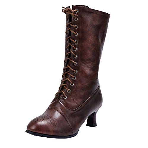 Damen Schnürstiefel, wadenlang, Leder, Louis Heel, Knöchelstiefel, Punk, Steampunk, Gothic, Vintage, Braun - braun - Größe: 38 EU von SoonerQuicker