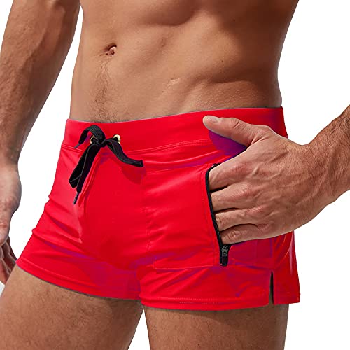 SoonerQuicker Badehose Herren Reissverschluss Taschen Eng Badehose Herren Kurz mit Tasche Schwimmhose Herren Kurz Blau Schwimmen Shorts Herren Rot Swim Shorts Men Sexy von SoonerQuicker