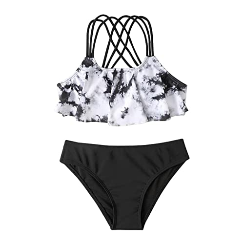 SoonerQuicker Bikini Mädchen Schwarz Weiß Bikini mit Pads Mädchen Süß Bikini Kinder Badeanzug Mädchen Zweiteilig Bikini Mädchen Rüschen 140 von SoonerQuicker