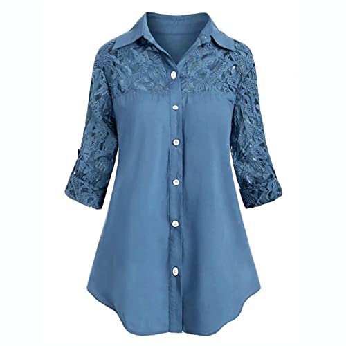 SoonerQuicker Chiffon Bluse Damen Durchsichtige ärmel Bluse Damen 3/4 Arm Modern V Ausschnitt Lange Bluse Damen für Leggings Oberteile Bluse Damen Weiß Spitze Bluse Damen Lang Bluse Damen Elegant von SoonerQuicker