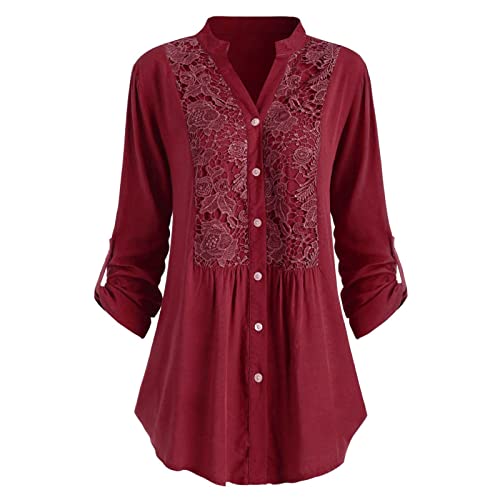 SoonerQuicker Chiffon Bluse Damen Weinrot Lange Bluse Damen für Leggings Bluse Damen mit Spitze Bluse Damen Elegant Vintage V Ausschnitt Bluse Damen Festlich Hochzeit Gast Bluse Damen Oversize von SoonerQuicker