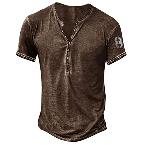 SoonerQuicker Henley Shirt Herren Kurzarm Vintage Henley Shirt Herren Braun Poloshirt Herren Ohne Kragen Regular Fit Tshirt Herren Knopfleiste Tshirt Herren Oldschool Tshirt Herren Retro von SoonerQuicker