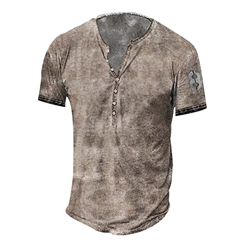 SoonerQuicker Henley Shirt Herren Kurzarm Vintage Henley Shirt Herren Braun Poloshirt Herren Ohne Kragen Regular Fit Tshirt Herren Knopfleiste Tshirt Herren Oldschool Tshirt Herren Retro von SoonerQuicker