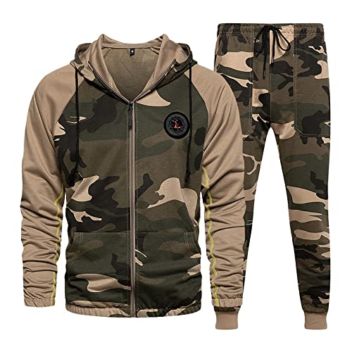 SoonerQuicker Jogginganzug Herren Baumwolle Camouflage mit Kapuze Fussball Trainingsanzug Herren Cotton Set Hoodie Zip Sportanzug Männer Freizeit Lang Jogginganzug Herren Tarnmuster von SoonerQuicker