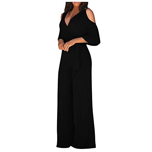 SoonerQuicker Jumpsuit Damen Elegant für Hochzeit Jumpsuit Damen 3/4 Arm Overall Damen Festlich Overall Damen Hochzeitsgast V Ausschnitt Jumpsuit Damen Weites Bein Jumpsuit Damen Abendmode von SoonerQuicker