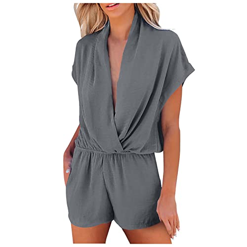 SoonerQuicker Jumpsuit Damen Kurz Sexy Jumpsuit Damen V Ausschnitt Jumpsuit Damen Chiffon Overall Damen Kurzarm Overall Damen Grau Schwarz Jumpsuit Damen Kurz Sommer von SoonerQuicker