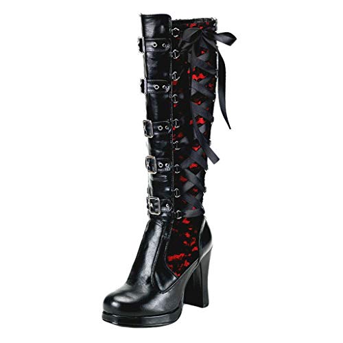 SoonerQuicker Kniehohe Stiefel Frauen High Heels Blockabsatz Plateau Stiefel Leder Schnürstiefel Steampunk Gothic Vintage Cosplay, rot, 37 EU von SoonerQuicker