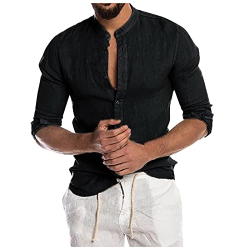 SoonerQuicker Leinenhemd Herren Langarm Ohne Kragen Hemd Regular Fit Weit Leinen Oliv Henley Shirt Vintage Hellblau, Schwarz, L von SoonerQuicker