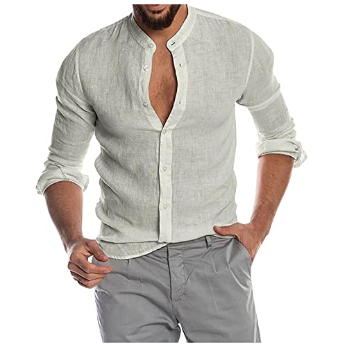 SoonerQuicker Leinenhemd Herren Langarm Sommer Hemd Herren Regular Fit Leinenhemd Herren Grosse Grössen Hemd Herren Leinen Henley Shirt Herren Vintage Leinenhemd Herren Ohne Kragen übergröße von SoonerQuicker