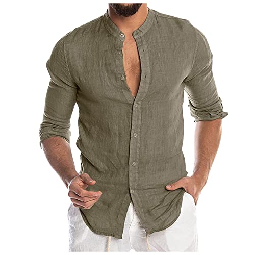 SoonerQuicker Leinenhemd Herren Ohne Kragen Hemd Herren Regular Fit Leinenhemd Herren Grosse Grössen Hemd Herren Leinen Henley Shirt Herren Langarm Vintage Leinenhemd Herren übergröße, Grün von SoonerQuicker