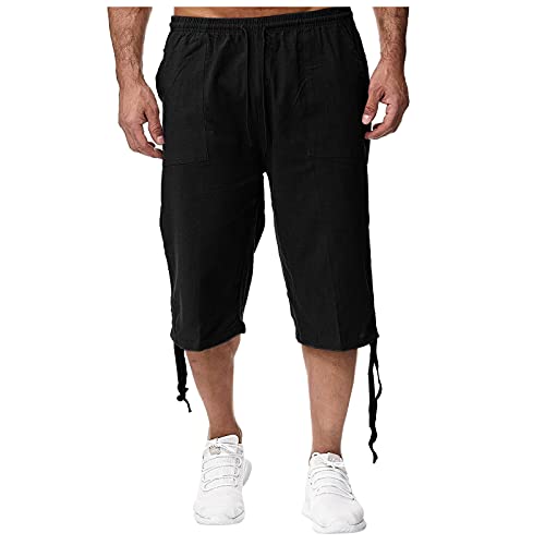 SoonerQuicker Leinenhose Herren 3/4 Bermuda Shorts Herren 3/4 Kurze Hosen Herren Leinen Leinenhose Herren Kurz Sommer Kurze Hosen Herren Über Knie Shorts Herren Weit von SoonerQuicker