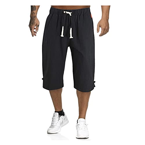 SoonerQuicker Leinenhose Herren 3/4 Bermuda Shorts Leinen Kurze Hosen Leicht Lang Freizeit Über Knie Kurz Sommer, Schwarz, 5XL von SoonerQuicker