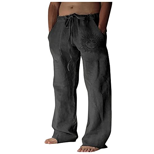 SoonerQuicker Yogahose Herren Leinen Weit mit Taschen Freizeithose Herren Lang Baumwolle Breit Ohne Bündchen Jogginghose Herren Baumwolle Offener Beinabschluss, Dunkelgrau, XL von SoonerQuicker