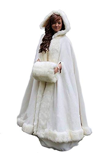 Langer Samtumhang Brautumhang Hochzeit Braut Kapuze Kunstfell Winter Warm Elfenbein Weiß von Soothbedding