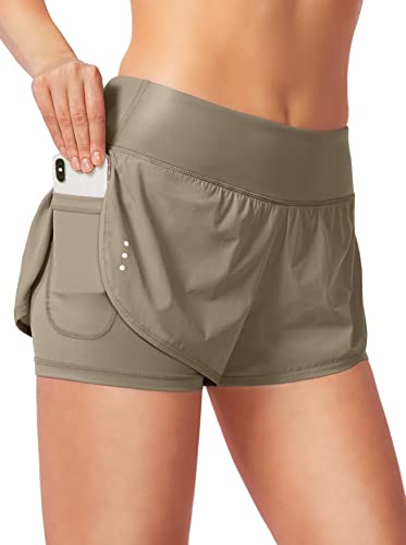 2-in-1-Laufshorts für Damen, hohe Taille, Spandex-Shorts, Fitnessstudio, Yoga, Workout, athletische Shorts für Frauen mit Reißverschlusstaschen, Khaki, X-Klein von Soothfeel