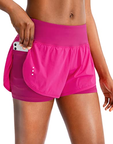 2-in-1-Laufshorts für Damen, hohe Taille, Spandex-Shorts, Fitnessstudio, Yoga, Workout, athletische Shorts für Frauen mit Reißverschlusstaschen, Sizzling Pink, Klein von Soothfeel