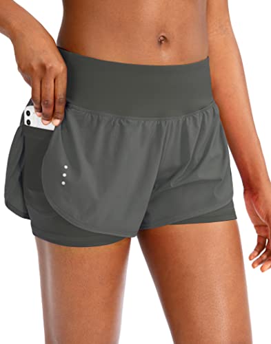 Damen 2-in-1 Laufshorts Workout Athletic Gym Yoga Shorts für Frauen mit Handytaschen, E - Army Green, X-Klein von Soothfeel