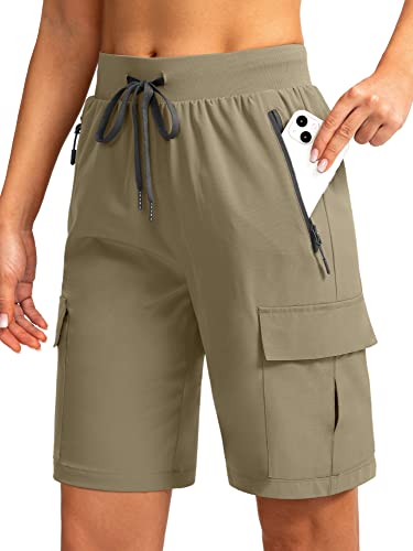 Soothfeel Damen 9 Zoll Wandern Cargo Shorts mit 5 Taschen Schnell Trocknen Sommer Athletic Golf Bermuda Lange Shorts für Frauen Casual, Dusty Khaki, Groß von Soothfeel