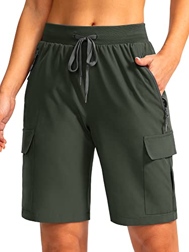 Soothfeel Damen 9 Zoll Wandern Cargo Shorts mit 5 Taschen Schnell Trocknen Sommer Athletic Golf Bermuda Lange Shorts für Frauen Casual, armee-grün, Groß von Soothfeel