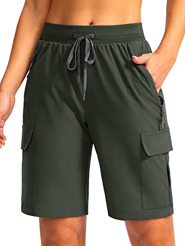Soothfeel Damen 9 Zoll Wandern Cargo Shorts mit 5 Taschen Schnell Trocknen Sommer Athletic Golf Bermuda Lange Shorts für Frauen Casual, armee-grün, X-Groß von Soothfeel
