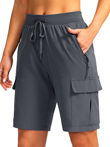 Soothfeel Damen 9 Zoll Wandern Cargo Shorts mit 5 Taschen Schnell Trocknen Sommer Athletic Golf Bermuda Lange Shorts für Frauen Casual, dunkelgrau, X-Groß von Soothfeel