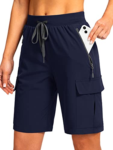 Soothfeel Damen 9 Zoll Wandern Cargo Shorts mit 5 Taschen Schnell Trocknen Sommer Athletic Golf Bermuda Lange Shorts für Frauen Casual, navy, X-Groß von Soothfeel