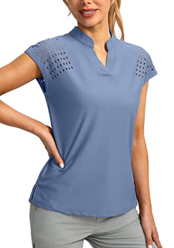 Soothfeel Damen Golfshirt Flügelärmel V Ausschnitt Poloshirts Leicht Schnell Trocknet Workout Tennis Shirts Tops für Frauen, dusty blue, Groß von Soothfeel