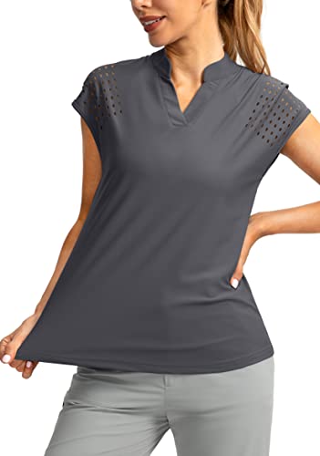 Soothfeel Damen Golfshirt Flügelärmel V Ausschnitt Poloshirts Leicht Schnell Trocknet Workout Tennis Shirts Tops für Frauen, grau, Mittel von Soothfeel