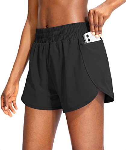 Soothfeel Damen Laufshorts mit Handy-Taschen, hohe Taille, athletisches Fitnessstudio, Workout-Shorts für Frauen mit Futter - Schwarz - Mittel von Soothfeel