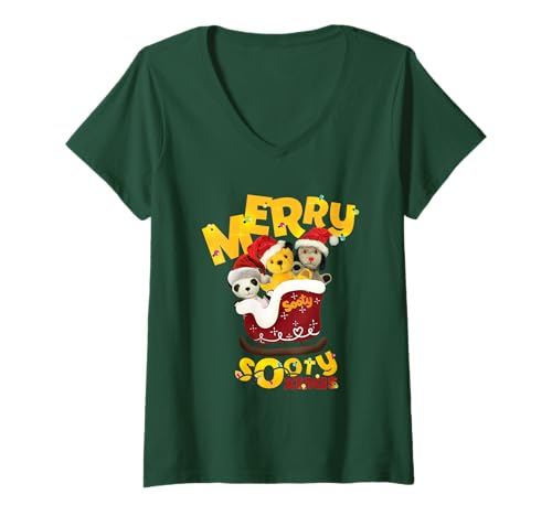 Damen Merry Sooty Xmas Christmas Schlitten T-Shirt mit V-Ausschnitt von Sooty