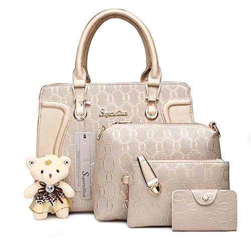 Soperwillton Damen Handtasche für Tragetasche Schultertasche Satchel 4pcs Geldbeutel Set groß Gold von Soperwillton