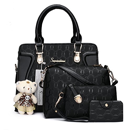 Soperwillton Damen Handtasche für Tragetasche Schultertasche Satchel 4pcs Geldbeutel Set groß schwarz von Soperwillton