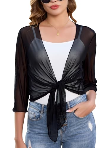 Sopesil Bolero Damen Kurz Shrug Top 3/4 Ärmel Kurzarm Festlich Strickjacke Cardigan Short Open Front Elegant Casual Bolerojacke Leicht, Schwarz, XXL von Sopesil