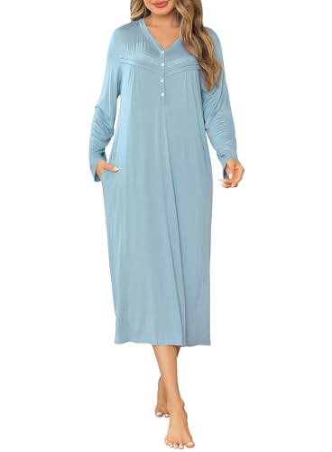 Sopesil Damen Nachthemd Lang Nachthemden Knopfleiste Frauen Langarm Modal Nachtwäsche V-Ausschnitt Pyjama Damen Sleepwear A-Blau 2,XL von Sopesil