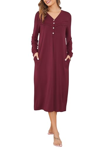 Sopesil Damen Nachthemd Lang Nachthemden Knopfleiste Frauen Langarm Modal Nachtwäsche V-Ausschnitt Pyjama Damen Sleepwear A-Weinrot,XL von Sopesil