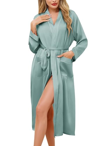 Sopesil Damen Satin Morgenmantel Lang Bademantel Kimono Leicht Braut Weich Hochzeit Party Nachtwäsche V-Ausschnitt, Graugrün, XXL von Sopesil