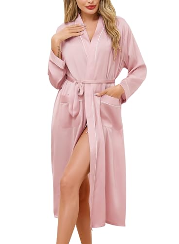Sopesil Damen Satin Morgenmantel Lang Bademantel Kimono Leicht Braut Weich Hochzeit Party Nachtwäsche V-Ausschnitt, Hellrosa, L von Sopesil