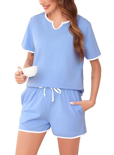 Sopesil Damen Schlafanzug Kurz Pyjama Set Kurzarm Baumwolle mit Taschen Nachtwäsche Frauen Sommer Sleepwear, Hellblau, XL von Sopesil