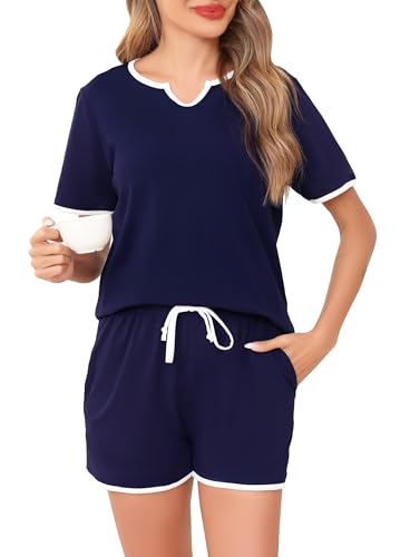 Sopesil Damen Schlafanzug Kurz Pyjama Set Kurzarm Baumwolle mit Taschen Nachtwäsche Frauen Sommer Sleepwear, Marineblau, M von Sopesil