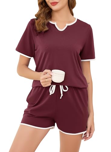 Sopesil Damen Schlafanzug Kurz Pyjama Set Kurzarm Baumwolle mit Taschen Nachtwäsche Frauen Sommer Sleepwear, Weinrot, XXL von Sopesil
