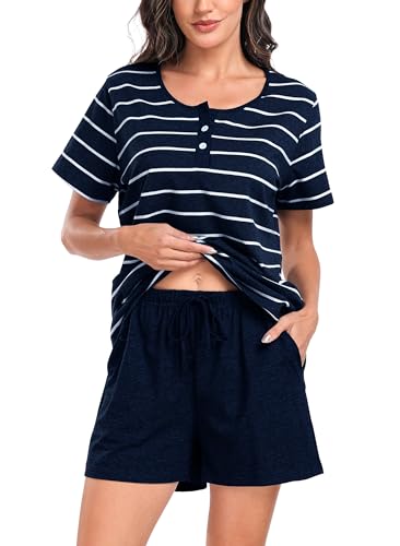 Sopesil Damen Schlafanzug Kurze Ärmel Damen Pyjamas Baumwolle Gestreift Pyjama Sets mit Taschen Nachtwäsche weich Gemütlich Lounge Wear für Frauen,Blau,XXL von Sopesil