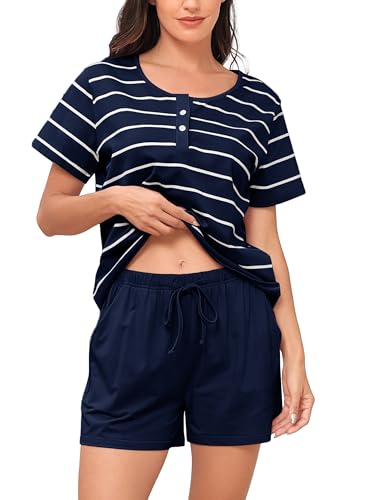 Sopesil Damen Schlafanzug Kurze Ärmel Damen Pyjamas Baumwolle Gestreift Pyjama Sets mit Taschen Nachtwäsche weich Gemütlich Lounge Wear für Frauen,Blau,XXL von Sopesil