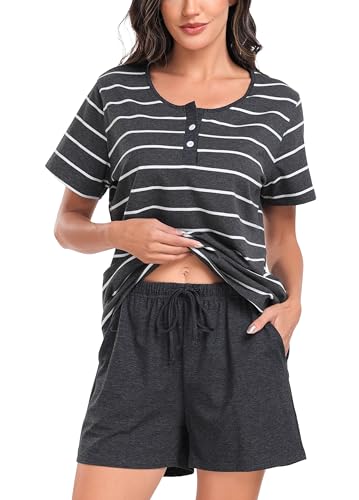 Sopesil Damen Schlafanzug Kurze Ärmel Damen Pyjamas Baumwolle Gestreift Pyjama Sets mit Taschen Nachtwäsche weich Gemütlich Lounge Wear für Frauen,Dunkelgrau,L von Sopesil