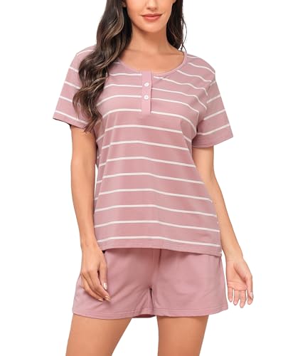 Sopesil Damen Schlafanzug Kurze Ärmel Damen Pyjamas Baumwolle Gestreift Pyjama Sets mit Taschen Nachtwäsche weich Gemütlich Lounge Wear für Frauen,Rosa,M von Sopesil