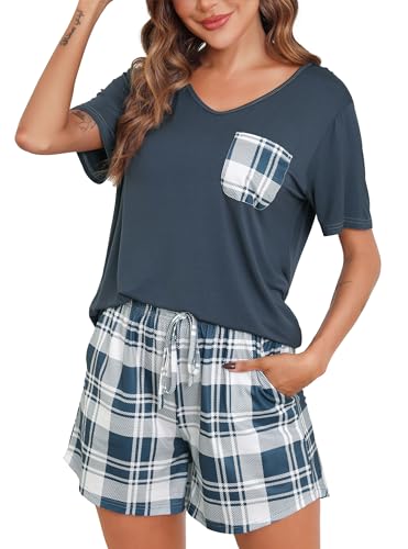 Sopesil Damen Schlafanzug Kurze Ärmel Damen Pyjamas Kariert Pyjama Sets mit Taschen Nachtwäsche weich Gemütlich Lounge Wear für Frauen von Sopesil