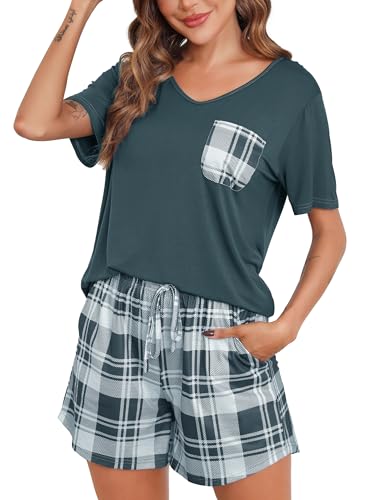 Sopesil Damen Schlafanzug Kurze Ärmel Damen Pyjamas Kariert Pyjama Sets mit Taschen Nachtwäsche weich Gemütlich Lounge Wear für Frauen von Sopesil