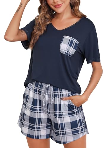 Sopesil Damen Schlafanzug Kurze Ärmel Damen Pyjamas Kariert Pyjama Sets mit Taschen Nachtwäsche weich Gemütlich Lounge Wear für Frauen von Sopesil